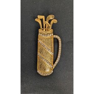 Large Vintage USA Gold Tone Rhinestones Golf Clubs Bag Caddy Brooch Pin